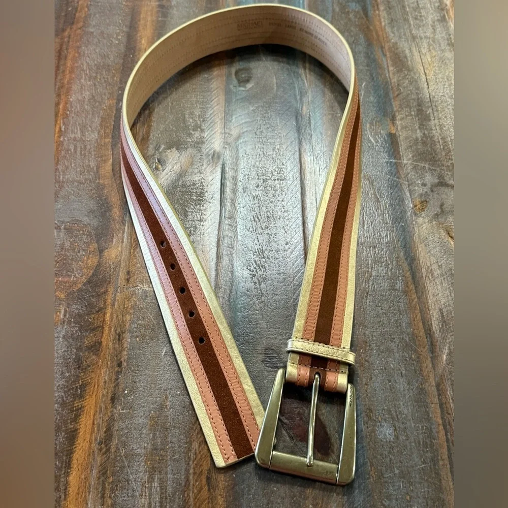 Michael Kors Wide Leather Runway Belt W Gold Brown Brass Buckle‎ EUC